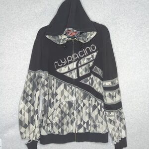 VTG FLY Racing Kinetic AOP Graphic Zip‎ Hoodie Mens M Gray Black Grunge Destroy